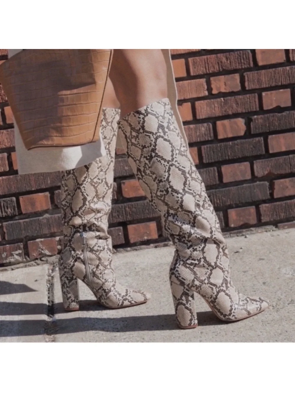 Zara Snake-Print Over-the-Knee Boots - Beige and Black